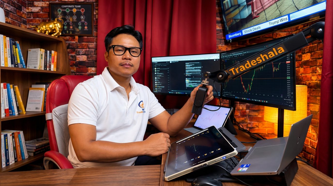 Tradeshala mentor at a trading desk with live market screens